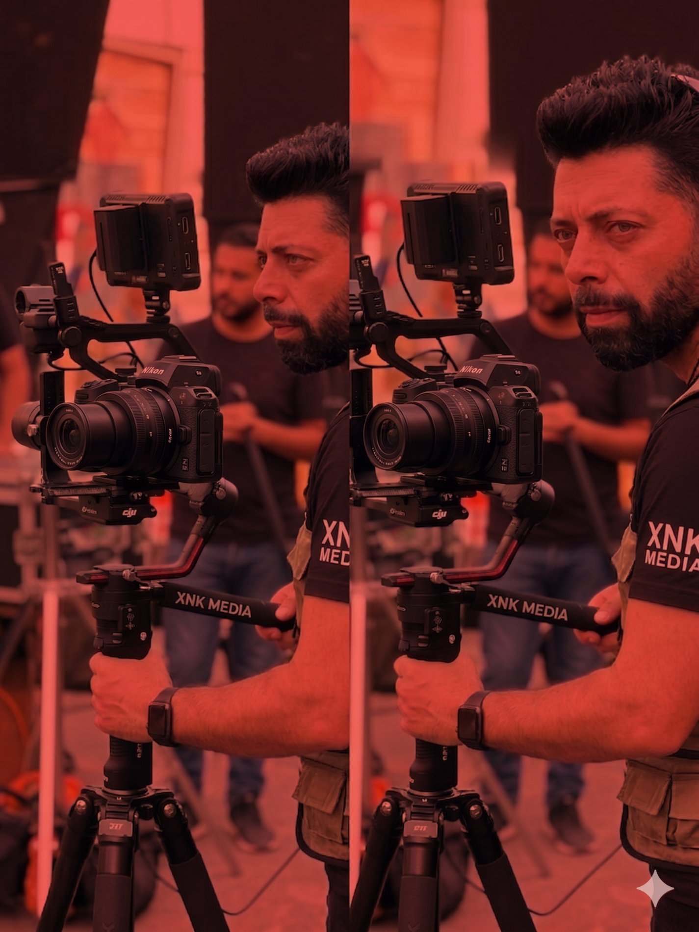 Videograf XNK Media filmând cu cameră pe gimbal la o producție foto-video